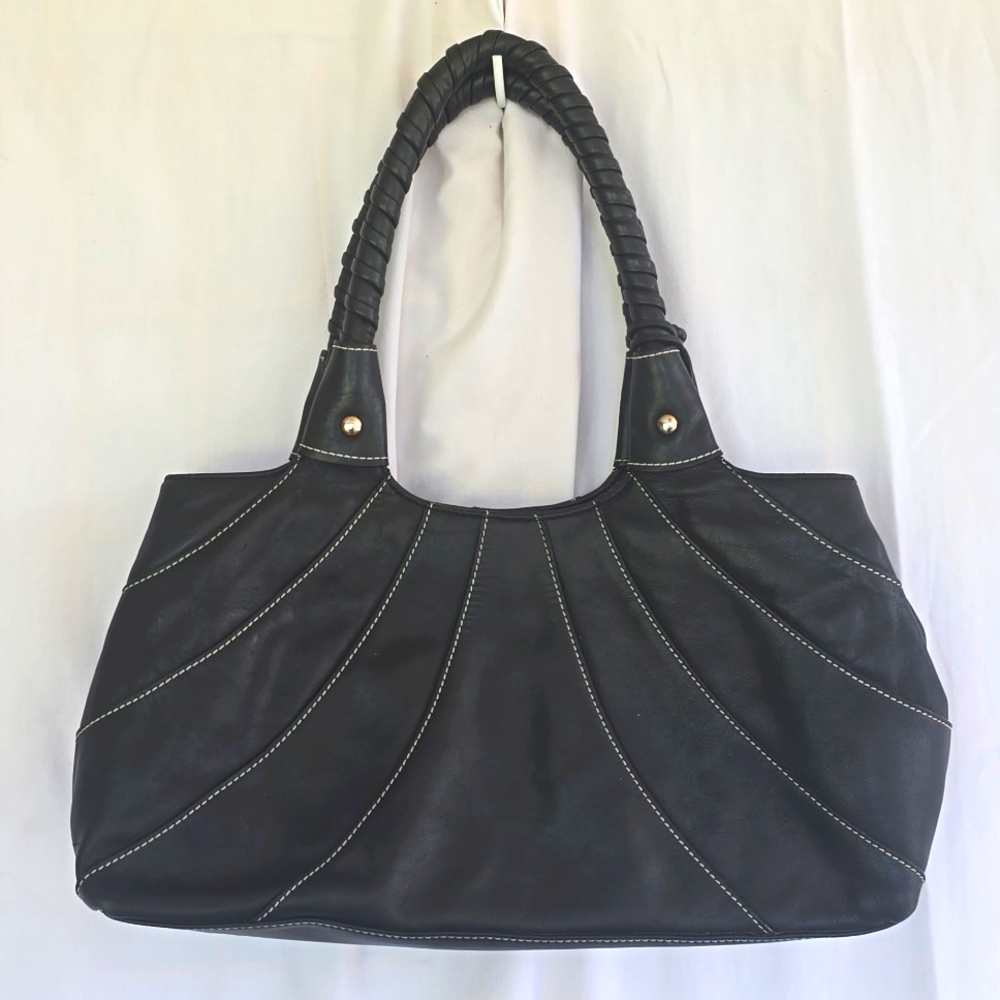 Womens Black Antonio Melani Leather Handbag Purse Thick Twisted Round Handle